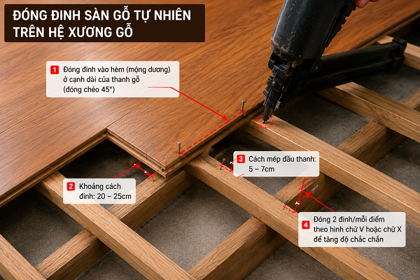 Bắn đinh chuẩn sàn gỗ tự nhiên trên hệ xương gỗ