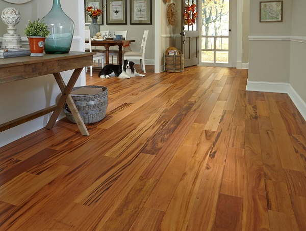 Kết hợp nội thất bàn ghế trắng và sàn gỗ màu nâu sáng