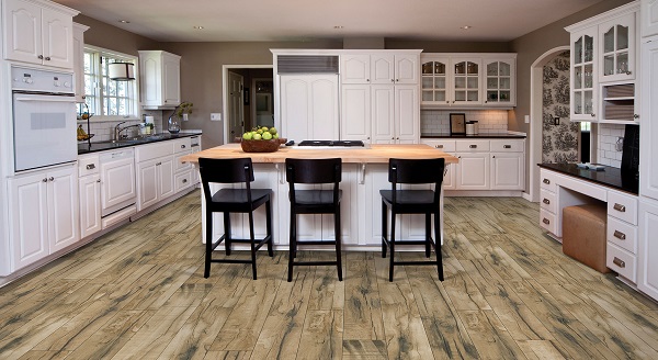 Mẫu sàn gỗ vân gỗ rustic cho phòng bếp cá tính