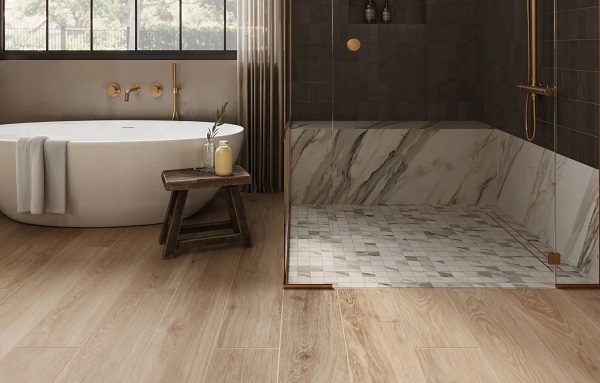 Sàn gỗ kết hợp sàn đá mang hơi hướng spa thư giãn
