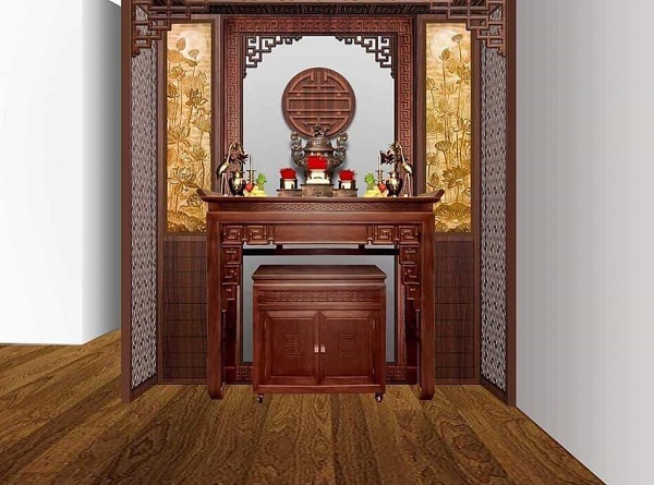 Sàn gỗ màu nâu tự nhiên làm nền cho bàn thờ và vách gỗ, tạo nên không gian trang nghiêm, hài hòa.